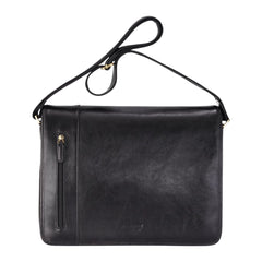 Black Vintage Leather Flap Over Laptop Messenger Satchel