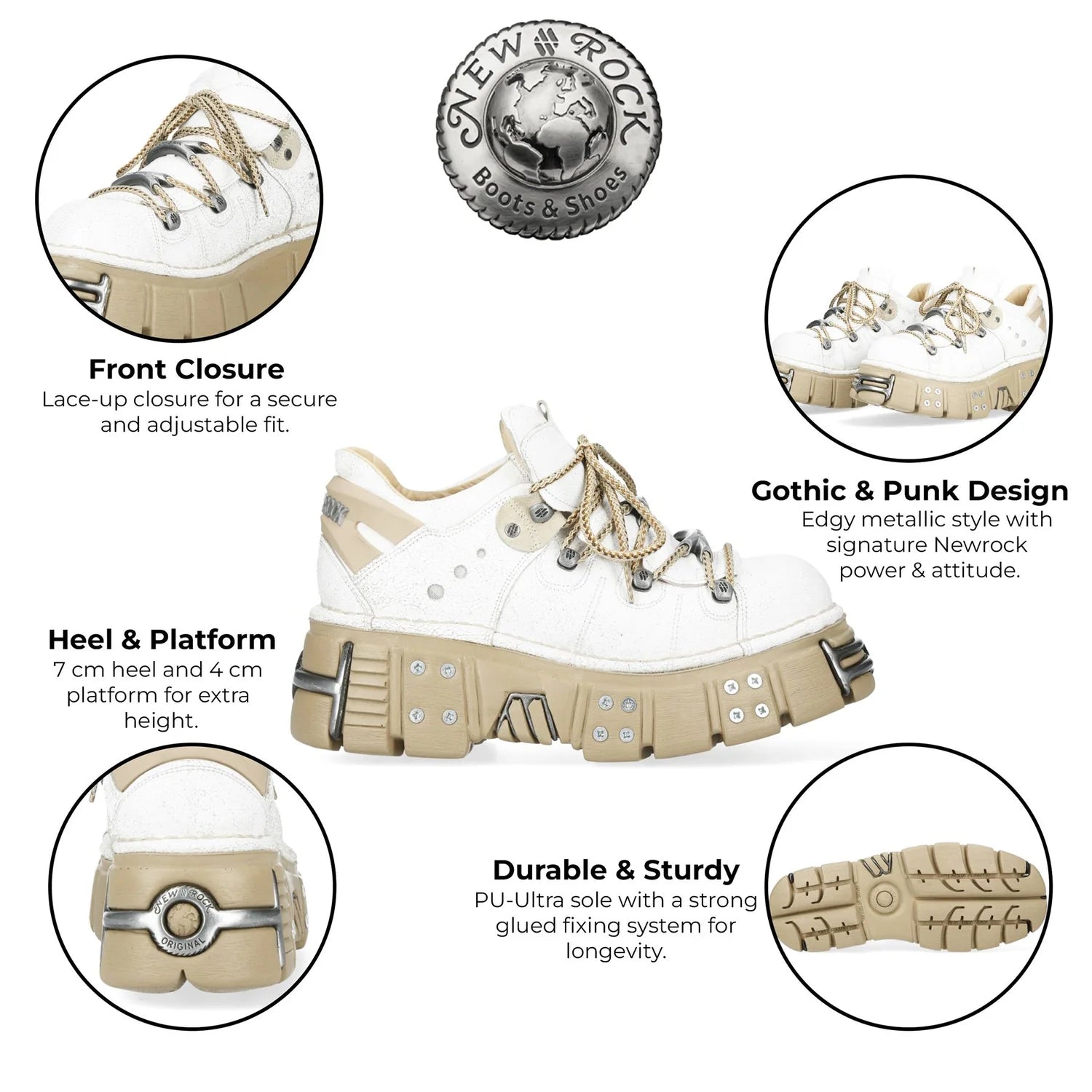 NEW ROCK - M-120N-C80 White & Beige Leather Platform Boots