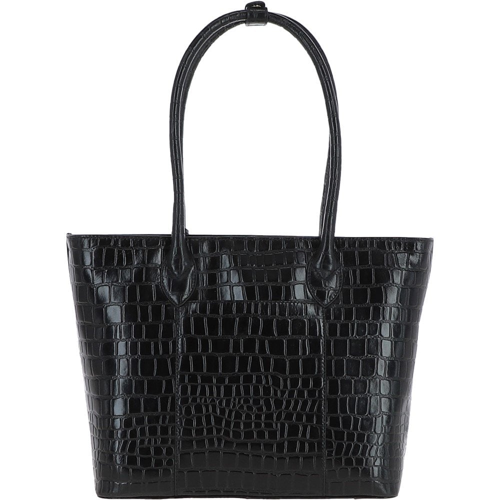 Ladies Crocodile Effect Large Black Leather Shopper Bag