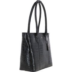 Ladies Crocodile Effect Large Black Leather Shopper Bag