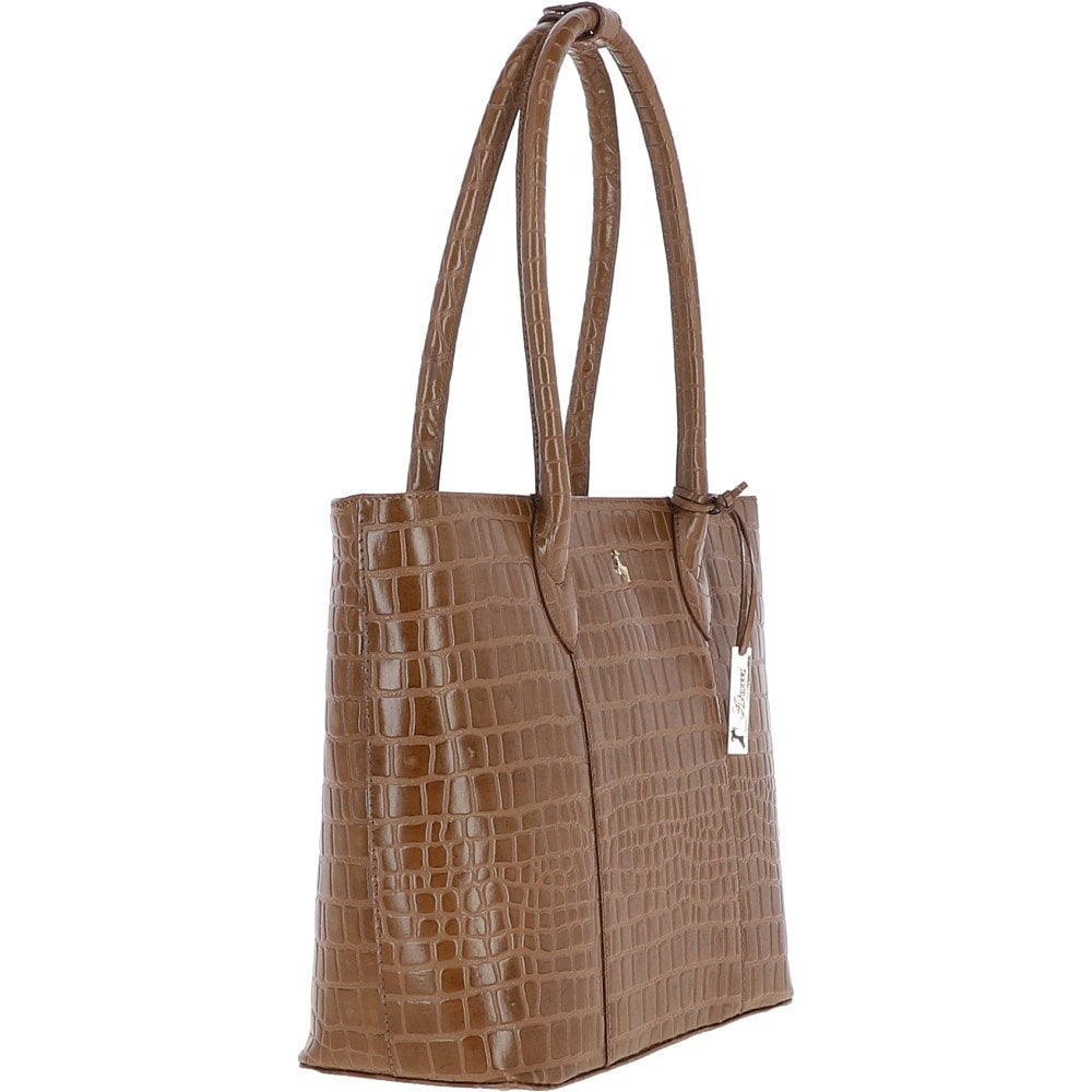 Ladies Crocodile Effect Large Tan Leather Shopper Bag