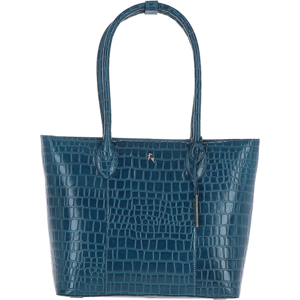 Ladies Crocodile Effect Large Teal Leather Shopper Bag