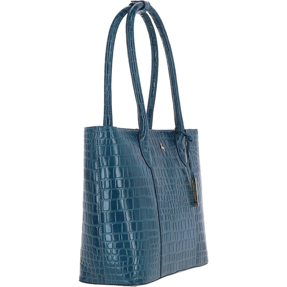Ladies Crocodile Effect Large Teal Leather Shopper Bag