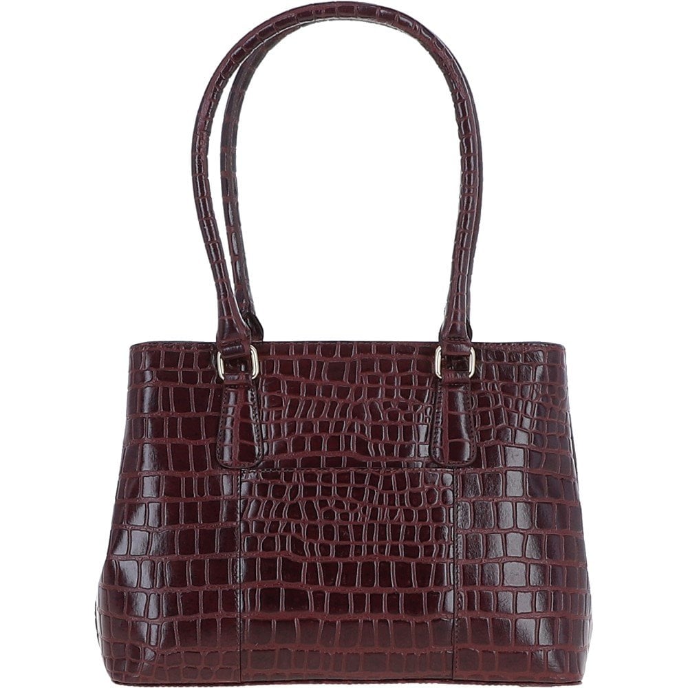 Ladies Crocodile Effect Bordeaux Leather Dual Compartment Shoulder Bag