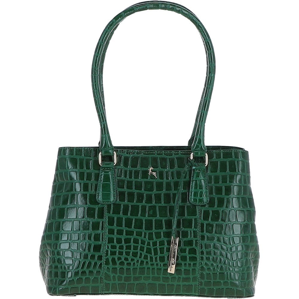 Ladies Crocodile Effect Bottle Green Leather Dual Compartment Shoulder Bag