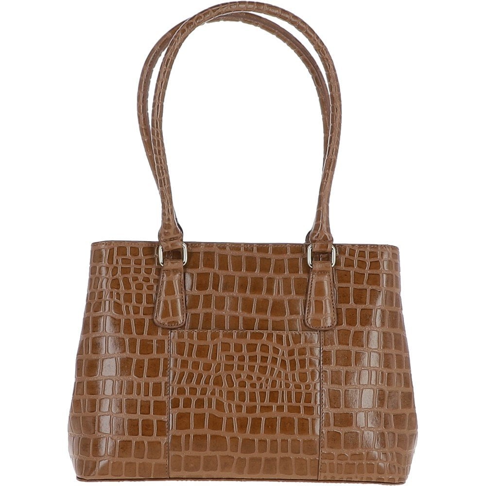 Ladies Crocodile Effect Tan Leather Dual Compartment Shoulder Bag