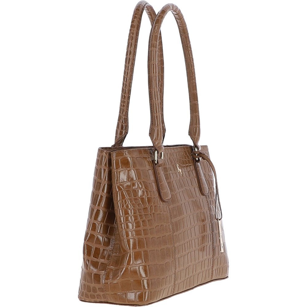 Ladies Crocodile Effect Tan Leather Dual Compartment Shoulder Bag