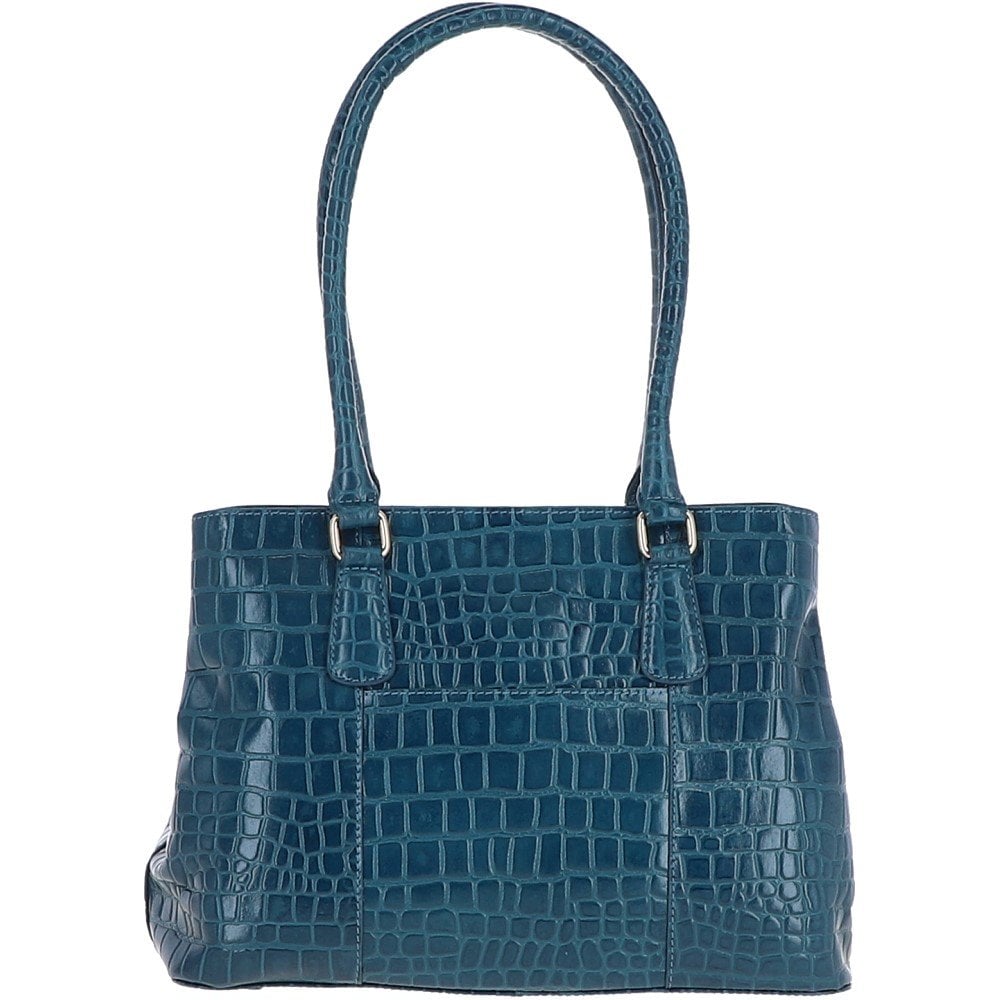 Ladies Crocodile Effect Teal Leather Dual Compartment Shoulder Bag