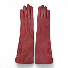 Womens Red Long Italian Leather Gloves with Button Detail & Wool Lining