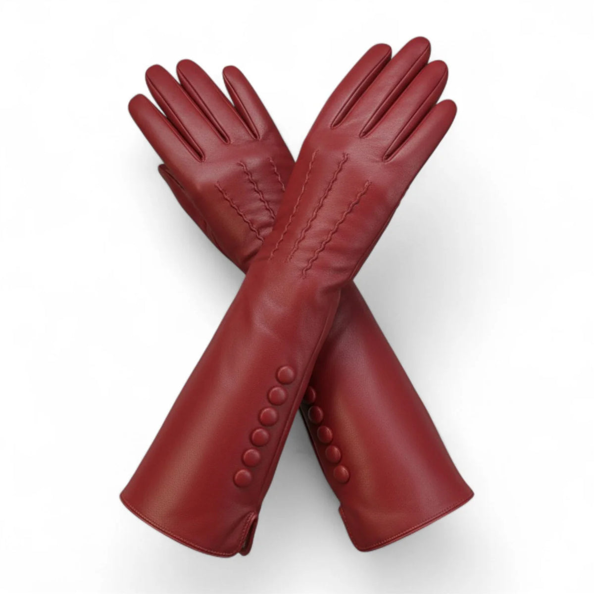 Womens Red Long Italian Leather Gloves with Button Detail & Wool Lining