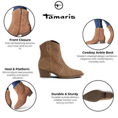 Tamaris - Women's Camel Brown Suede Western Style Ankle Boots 25702-41