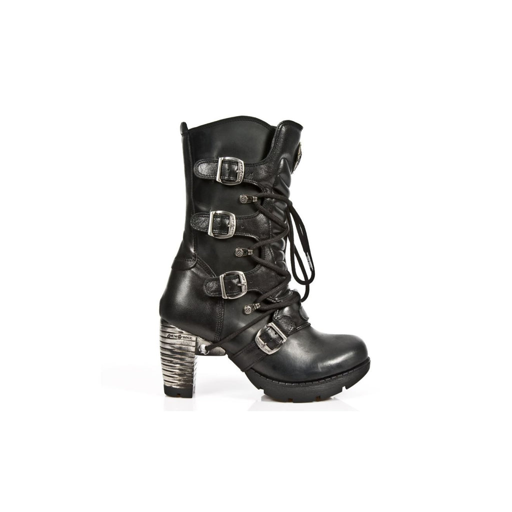 NEW ROCK TR003-S1 Ladies Metallic Black Leather Biker Heel Goth Punk Boots