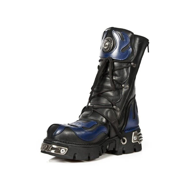 NEW ROCK - 107-C5 Blue Flame Skull Lace Up Boots – Leather Jacket