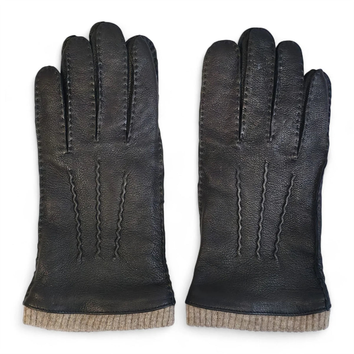 Mens Black Italian Leather Gloves with Wool Trim & Lining
