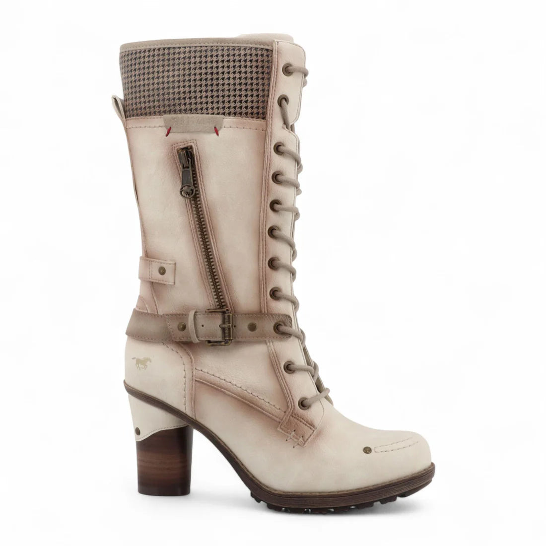 Mustang - Women's Antique Cream Vegan Leather Mid Calf Heeled Boots