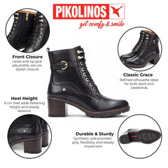 Pikolinos - Women's Llanes Black Leather Mid Heel Combat Ankle Boots