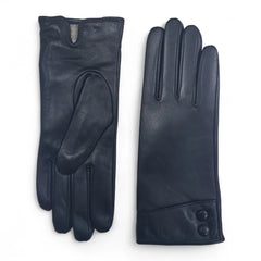 Womens Black Italian Leather Gloves with Button Detail & Wool Lining