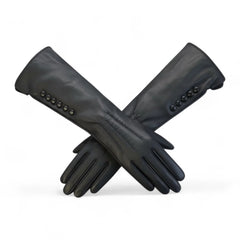Womens Black Long Italian Leather Gloves with Button Detail & Wool Lining