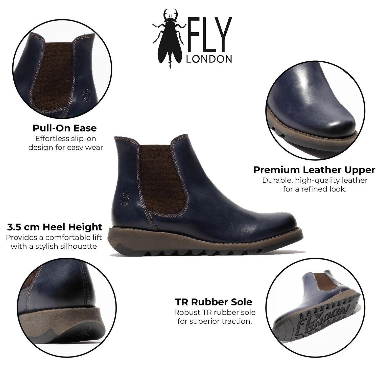 Fly London - SALV Women's Blue Leather Wedge Chelsea Boots