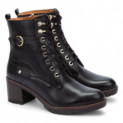 Pikolinos - Women's Llanes Black Leather Mid Heel Combat Ankle Boots