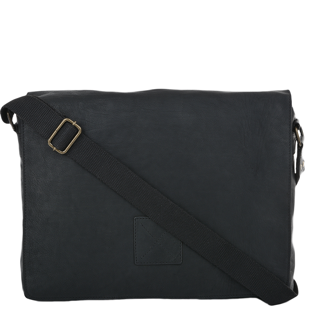Black Leather Laptop Messenger Flap-Over Bag