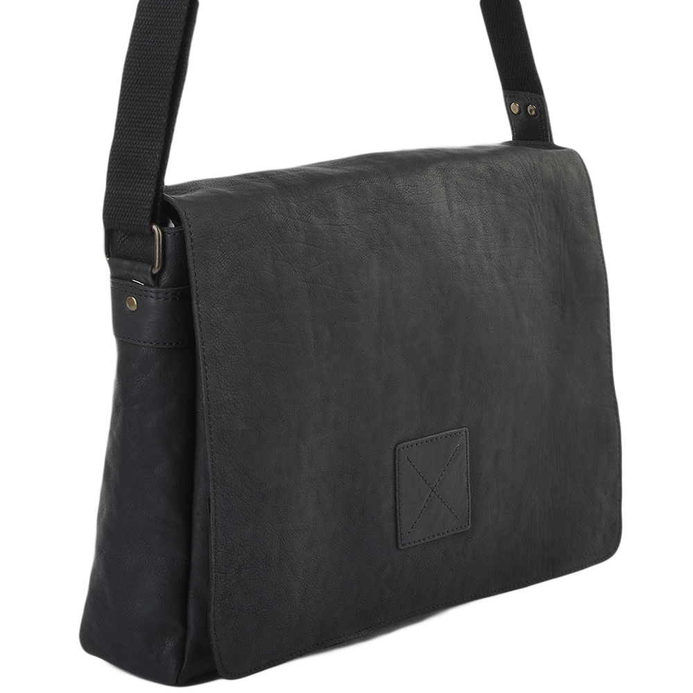 Black Leather Laptop Messenger Flap-Over Bag