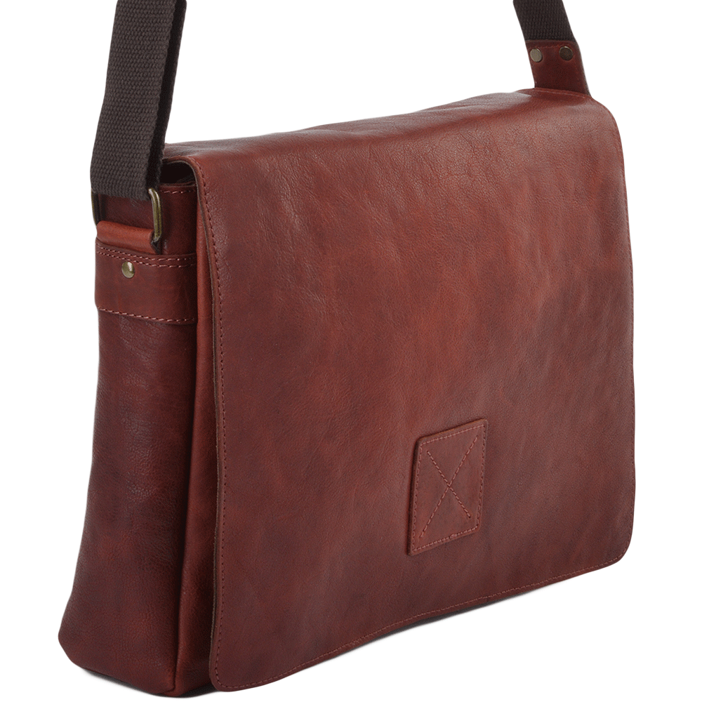 Cognac Leather Laptop Messenger Flap-Over Bag