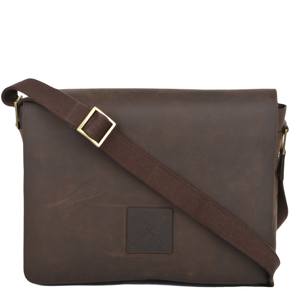 Mud Brown Leather Laptop Messenger Flap-Over Bag