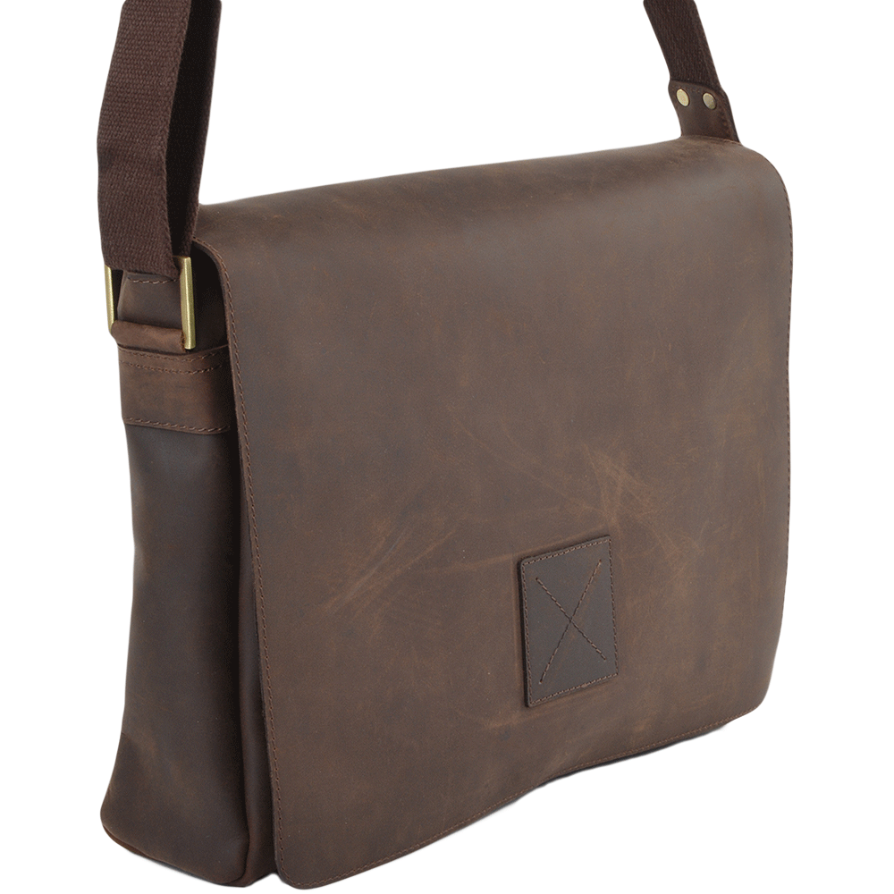 Mud Brown Leather Laptop Messenger Flap-Over Bag