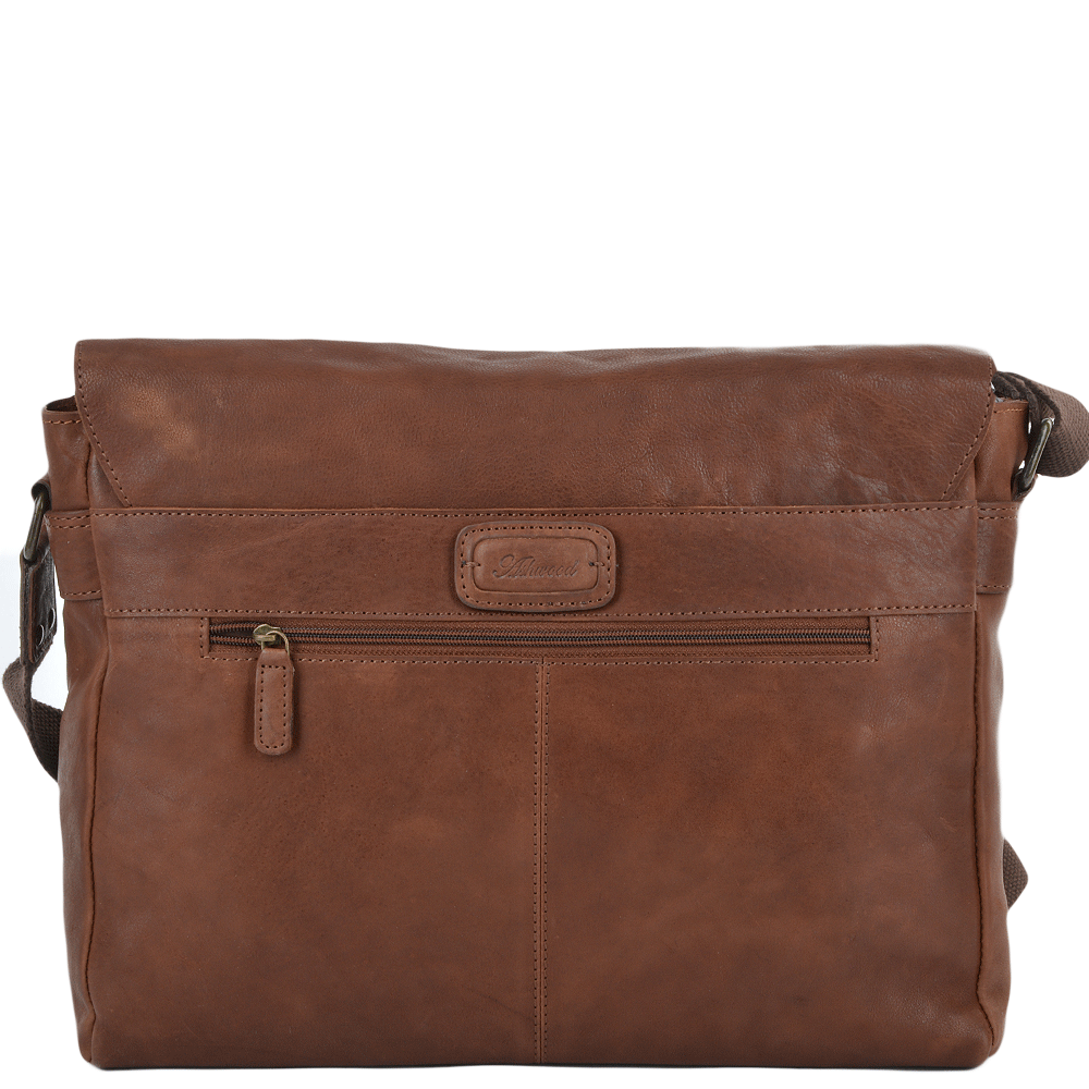 Tan Leather Laptop Messenger Flap-Over Bag