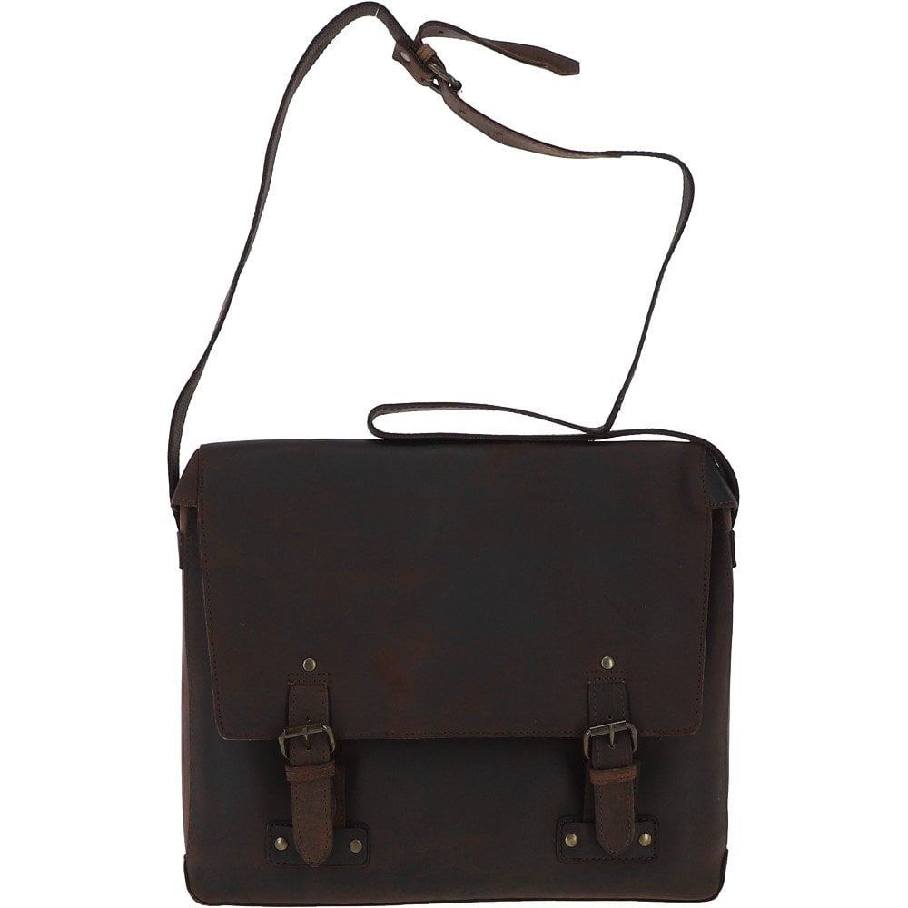 Large Vintage Brown Buff Leather Laptop Messenger Bag