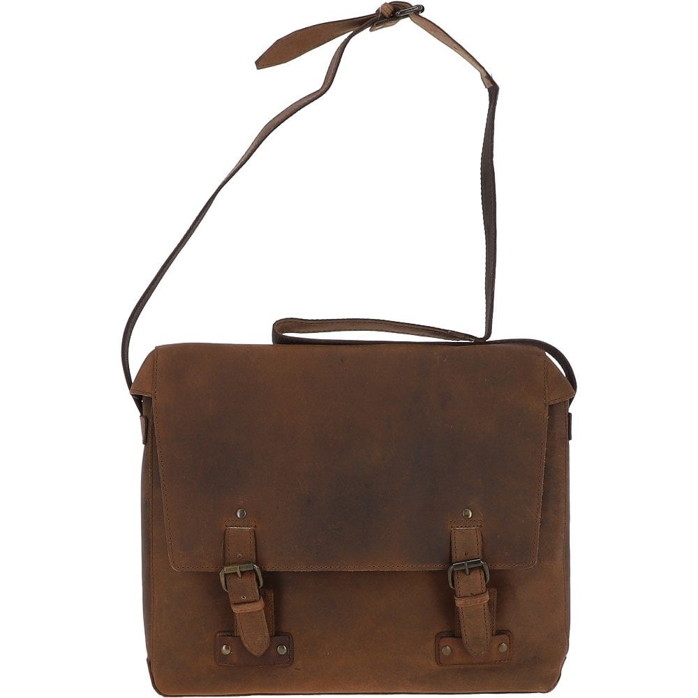 Large Vintage Tan Buff Leather Laptop Messenger Bag