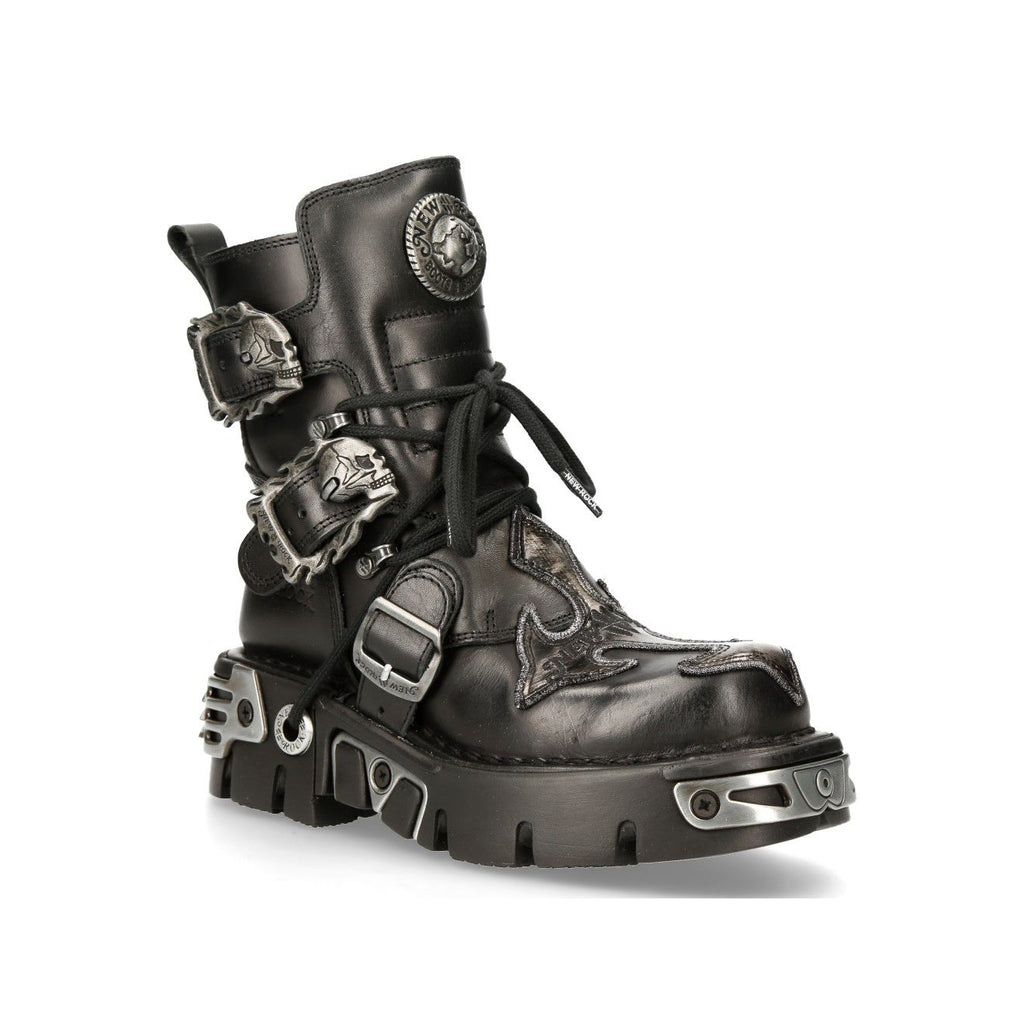 NEW ROCK 407-S1 Black Leather Silver Cross Gothic Punk Biker Boots