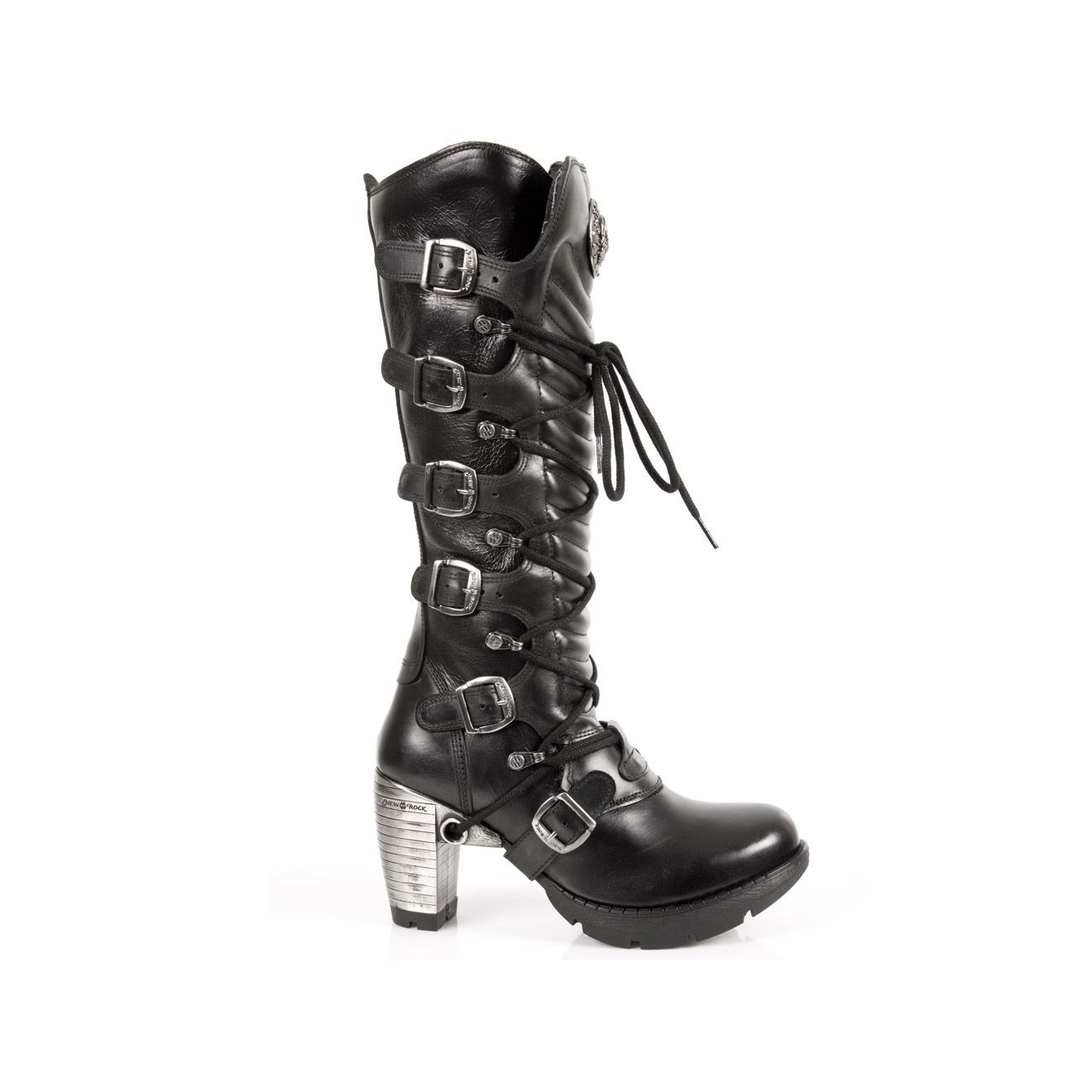 New Rock TR004-S1 Ladies Black Leather Buckle Lace Knee High Biker Boots