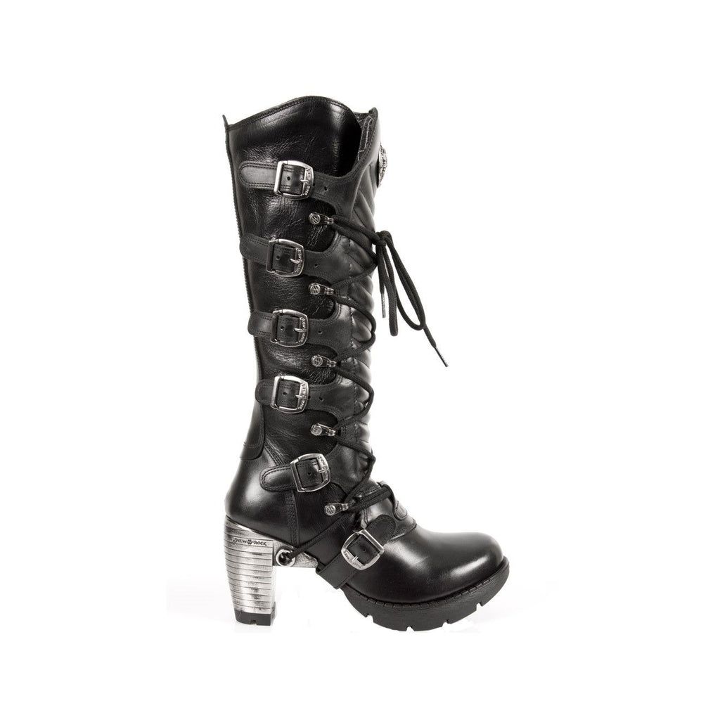 New Rock TR004-S1 Ladies Black Leather Buckle Lace Knee High Biker Boots