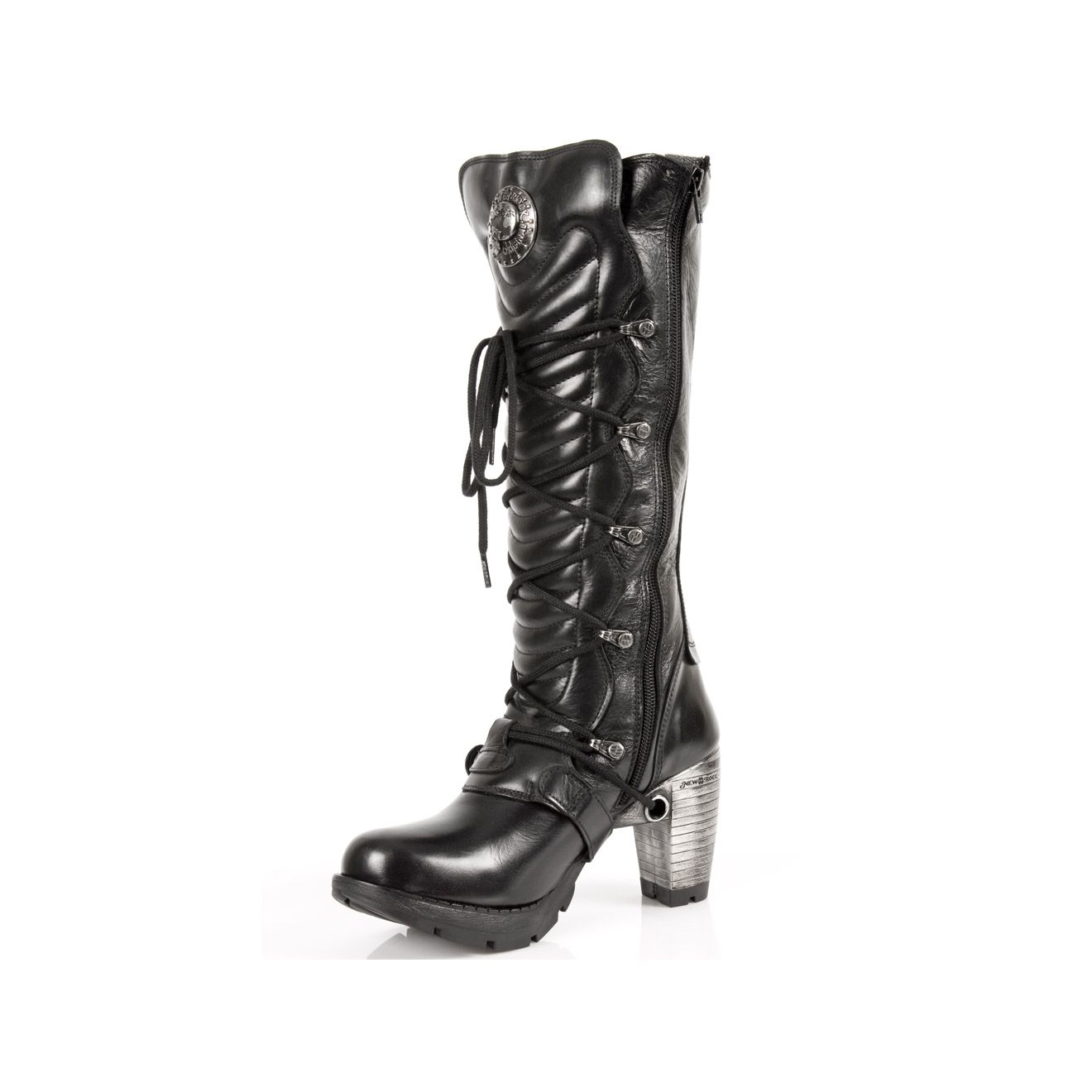 New Rock TR004-S1 Ladies Black Leather Buckle Lace Knee High Biker Boots