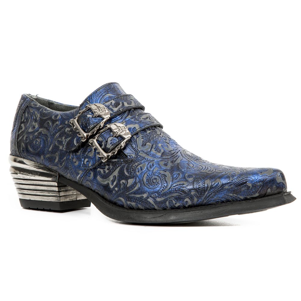 NEW ROCK - M-7960-S7 Men's Blue Leather Steel Embossed Ankle Boots