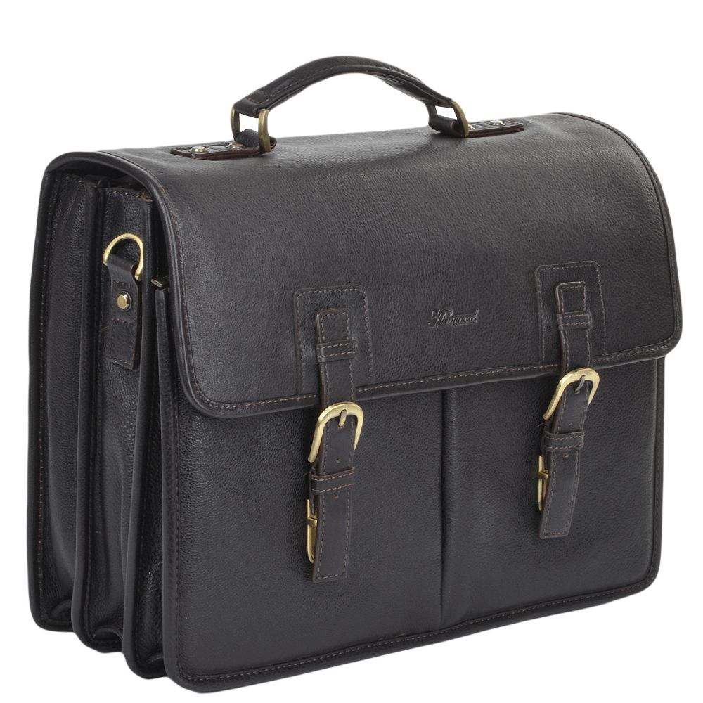 Men's Tumble Brown Leather Triple Gusset Briefcase with Shoulder Strap