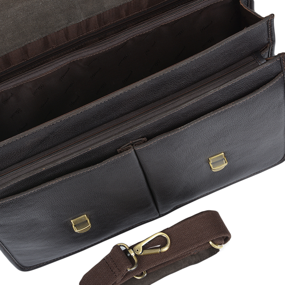 Men's Black Leather Triple Gusset Briefcase with Shoulder Strap
