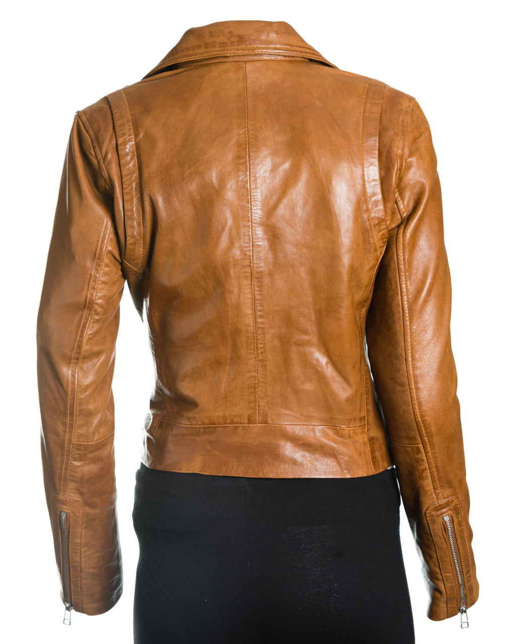Women's Tan Simple Asymmetric Leather Biker Jacket: Brigida
