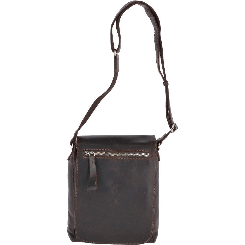 Oily Brown Leather Flap Over Small Messenger Flight Bag