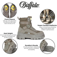 Buffalo - Womens Vegan Leather Khaki Zip Up Combat Walking Style Boots - Aspha-Com1