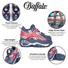 Buffalo - Womens Vegan Leather Blue & Red Chunky Platform Trainers - 1339-14