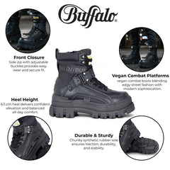 Buffalo - Womens Vegan Leather Black Zip Up Combat Walking Style Boots - Aspha-Com1