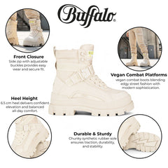 Buffalo - Womens Vegan Leather Beige Zip Up Combat Walking Style Boots - Aspha-Com1