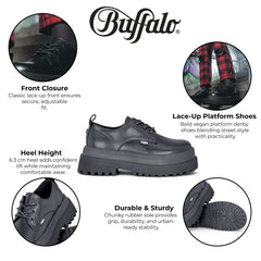 Buffalo - Womens Vegan Leather Black Chunky Lace Up Shoes - Pluto
