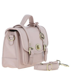 Womens Beige Leather Classic Vintage Satchel Style Bag & Detachable Shoulder Strap