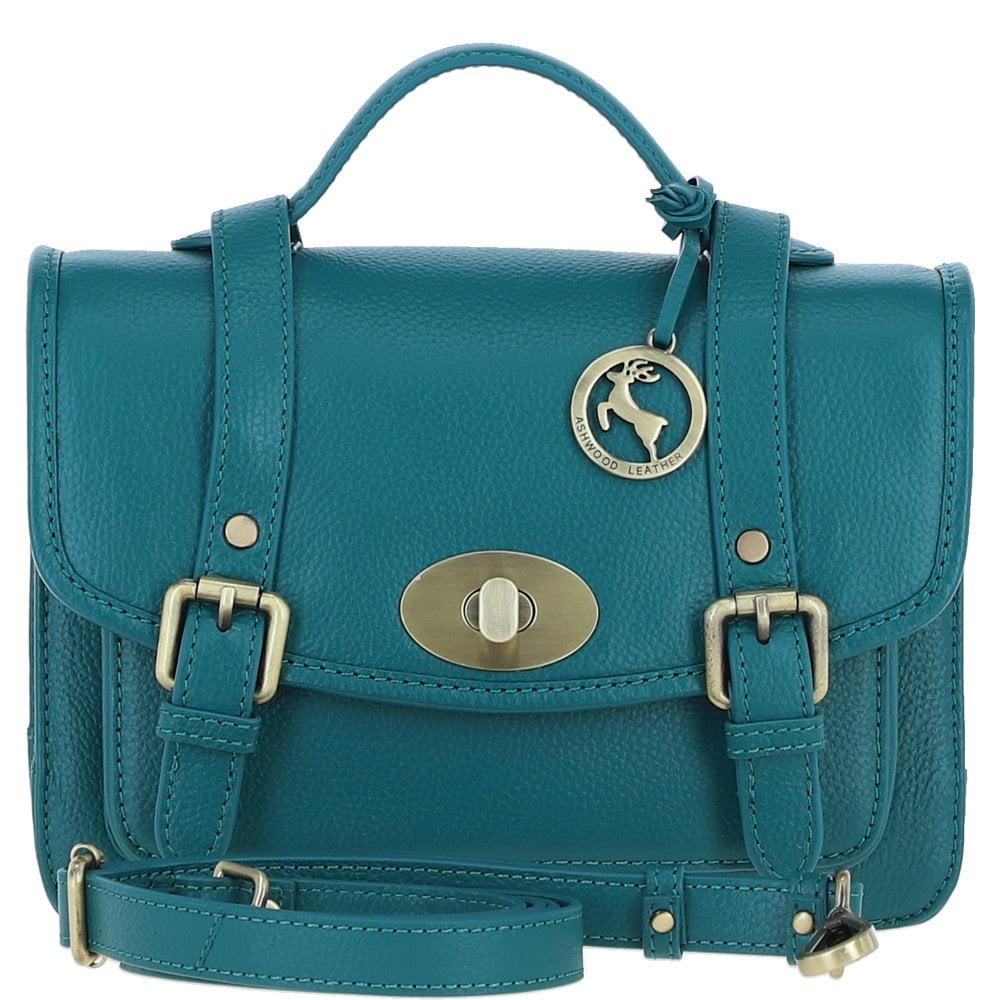 Womens Teal Leather Classic Vintage Satchel Style Bag & Detachable Shoulder Strap