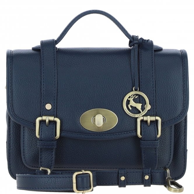 Womens Navy Leather Classic Vintage Satchel Style Bag & Detachable Shoulder Strap
