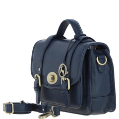 Womens Navy Leather Classic Vintage Satchel Style Bag & Detachable Shoulder Strap